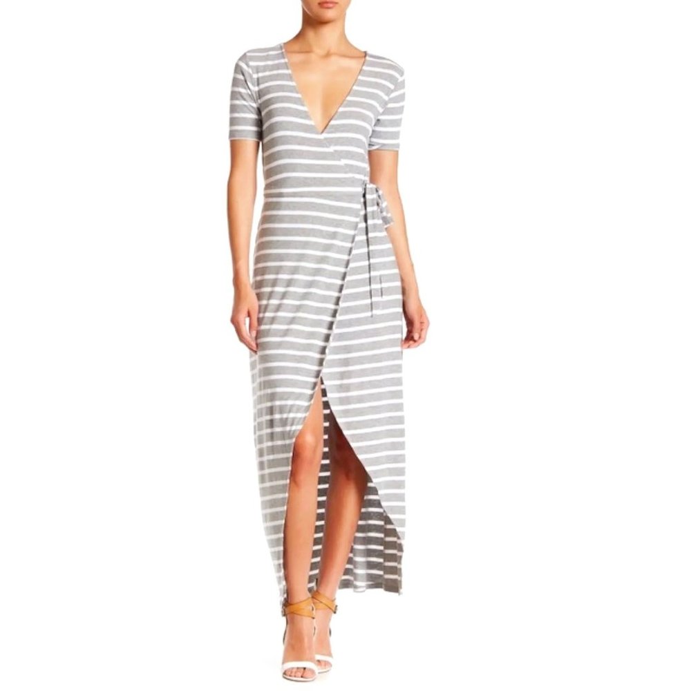 Hyfve Striped V neck Stretch Gray White Hi Low Wrap Midi Dress | Size M